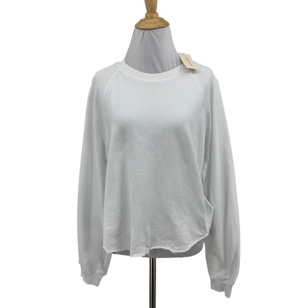 Unsubscribed Sweatshirt Women S Small White Raglan Crew Neck Cutout Raw Hem Boxy
